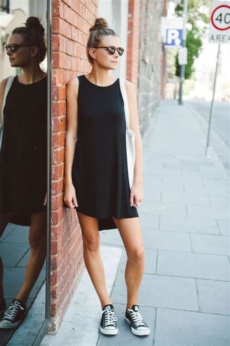 black dress with sneakers fall outfit.